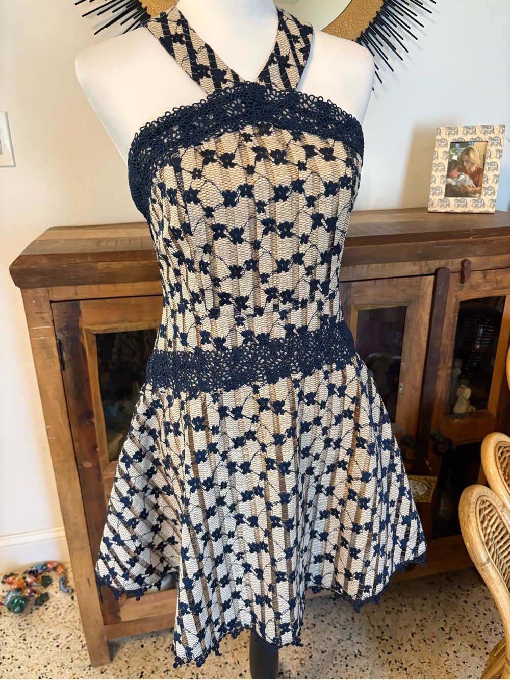 FOXIEDOX Anthropologie Cordelia Navy Blue Beige Lace Halter Dress! Gorgeous! S